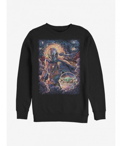 Star Wars The Mandalorian Mando And The Child Starry Night Crew Sweatshirt $13.58 Sweatshirts